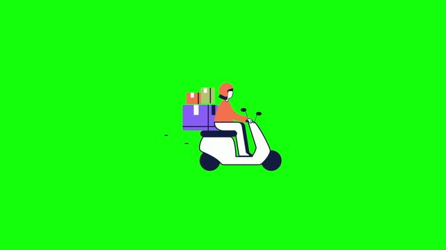 2D flat vector animation of a delivery courier riding a white scooter loaded with a stack of cardboard boxes, wearing an orange helmet and shirt, green screen background.