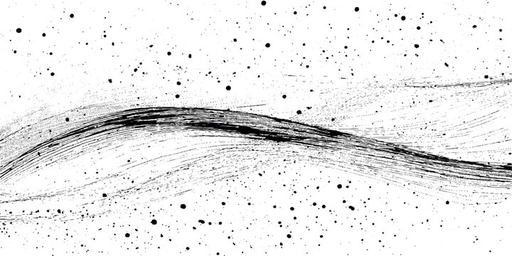 Grunge abstract background with black ink splatters and wave lines on white vector illustration for creative design