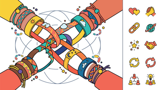 Illustration of four diverse arms wearing colorful patterned friendship bracelets interlocking in a cross shape, symbolizing unity and connection, with a set of related line icons.