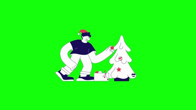 A 2D flat vector animation of a person wearing a red Santa hat and blue shirt decorating a white Christmas tree, with a box of baubles on the floor, isolated on a solid green screen background.