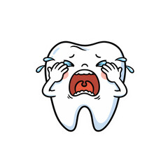 Obraz premium Cute Cartoon Crying Tooth Character Sticker – Funny Sad Molar Wiping Tears with Hands and Screaming Open Mouth