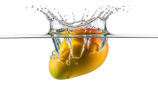 Fresh yellow mango fruit falling into water creating a large splash with many bubbles and droplets. ataulfo mango 