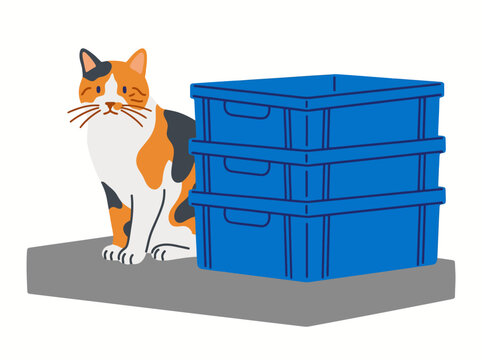 Calico Cat Sitting Next to a Stack of Blue Plastic Storage Bins Illustration