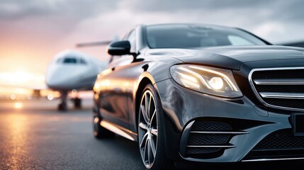 Obraz premium Luxury sedan parked on tarmac next to a private jet at sunset