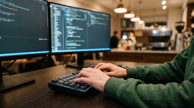 Software developer typing code on dual monitors in modern cafe workspace.