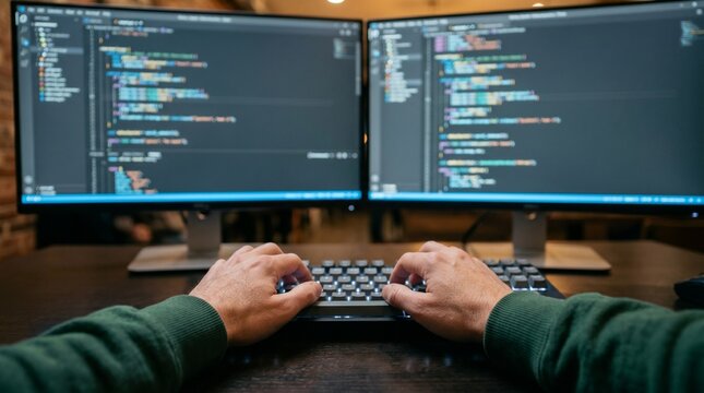 Software developer hands typing on keyboard coding on dual computer screens.