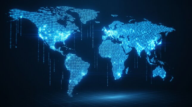 Glowing blue binary code world map representing global coding and big data technology.
