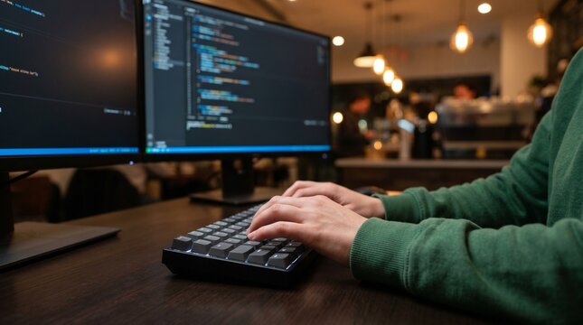 Programmer typing on a mechanical keyboard with dual monitors in a modern office.