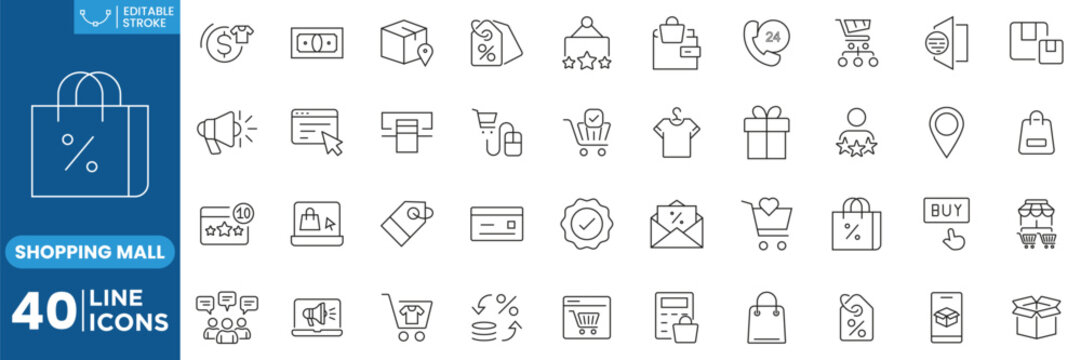 Shopping Mall and Online Retail Line Icons Set with E Commerce, Storefront, Cart, Discount, Payment, Delivery and Customer Service Editable Stroke Vector