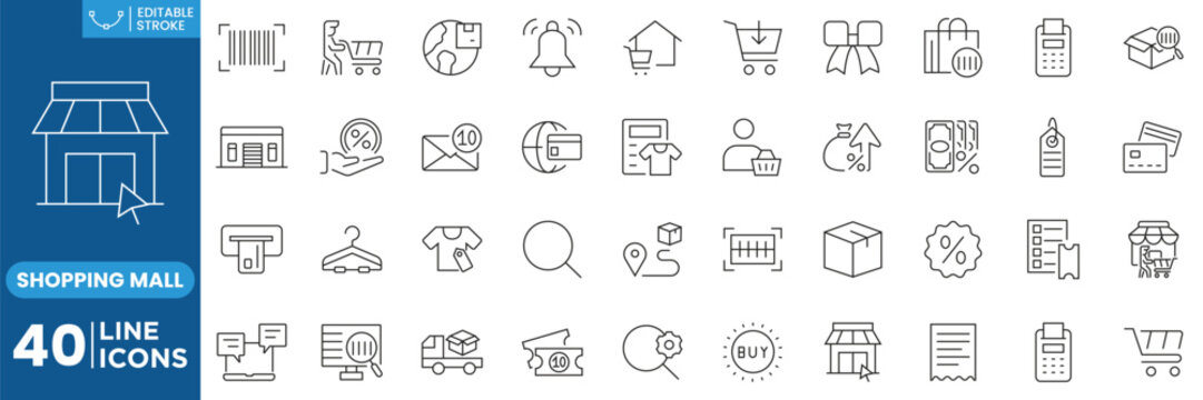 Shopping Mall and Online Retail Line Icons Set with E Commerce, Storefront, Cart, Discount, Payment, Delivery and Customer Service Editable Stroke Vector