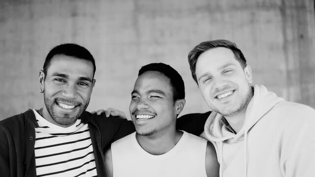 Happy diverse male friends having fun outdoors - Lgbt community and pride month event concept - Black and white edit