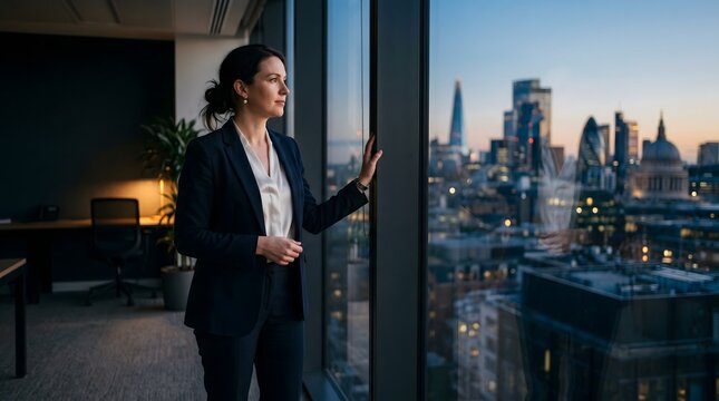 Business professional pausing beside large office window during emotional reflection after difficult workday
