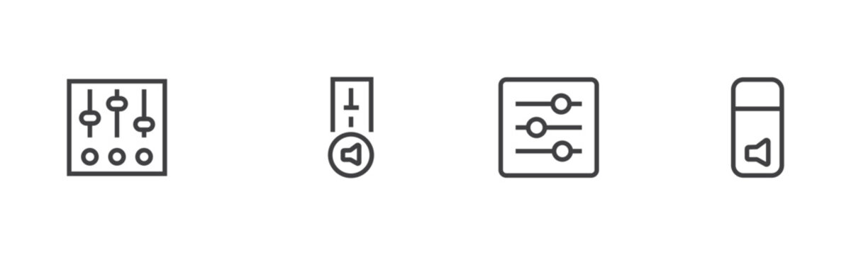 Set of four line icons representing audio settings, sound equalizers, and volume control adjustments