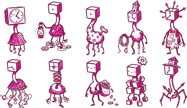 Cube Head Long Neck Creature Doodle Sheet Vector Illustration Minimal Experimental Clock Tower Keeper Characters Magenta Abstract Sketch Design