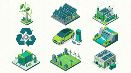 Isometric Green Energy Icons Depicting Sustainable Power Sources and Eco-Friendly Concepts. © Kaca