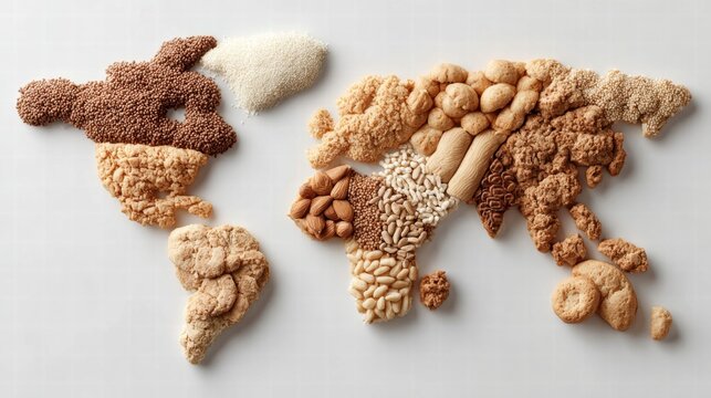 World map created with various food items on a white background.
