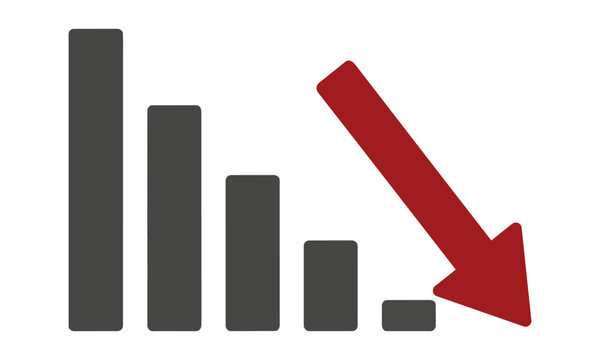 Minimalist icon featuring a downward pointing arrow and declining bar chart segments symbolizing financial loss and economic recession, business crisis concept
