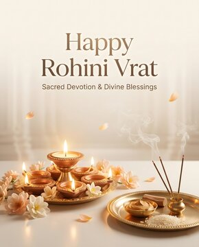 Rohini vrat sacred ritual with diyas flowers and incense on gold plates
