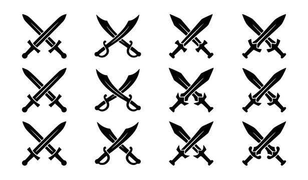 Crossed swords seamless pattern line art vector illustration. Minimalist medieval weapon icons, knight swords, and martial arts background design.