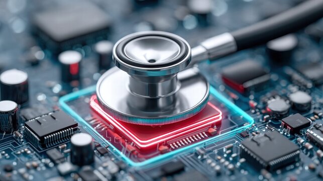 Medical technology concept with a stethoscope on a computer chip.