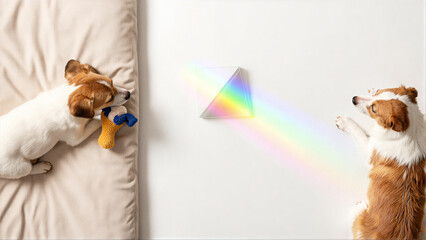 Obraz na płótnie Canvas Two Dogs Playing with a Prism and Rainbow Light