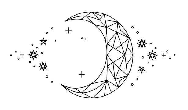Low poly geometric crescent moon and stars vector illustration. Mystic celestial line art, astrology, tarot, and night sky constellation design element.