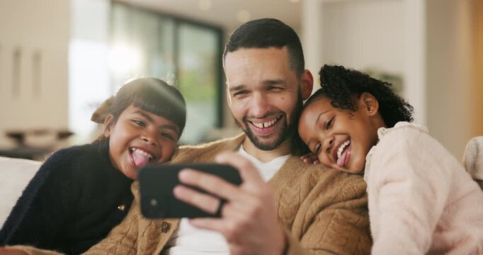 Father, children and happy with selfie on sofa for bonding, love or funny face in living room. People, dad and kids with photography on mobile app, relax and memory with joke in blended family house