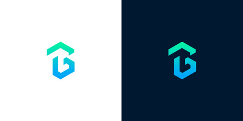 Geometric abstract hexagon logo, a gradient blue and green stylized letter B on white and dark backgrounds © anello