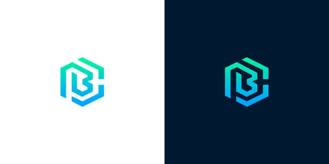 Dynamic and futuristic letter B monogram logo skillfully integrated within a geometric hexagon, showcasing a stylish gradient color palette for innovative business identity © anello