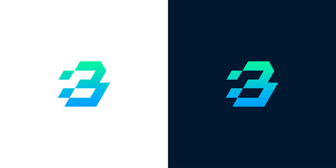 A dynamic, modern letter B logo featuring a pixelated, geometric structure with a vibrant blue and green gradient, embodying digital innovation and technological connectivity © anello