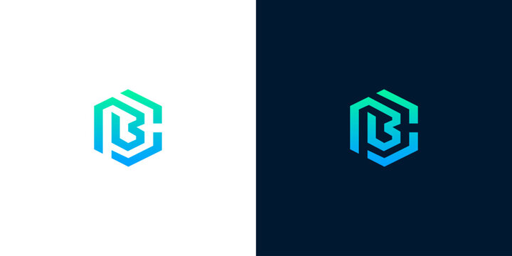 Dynamic and futuristic letter B monogram logo skillfully integrated within a geometric hexagon, showcasing a stylish gradient color palette for innovative business identity