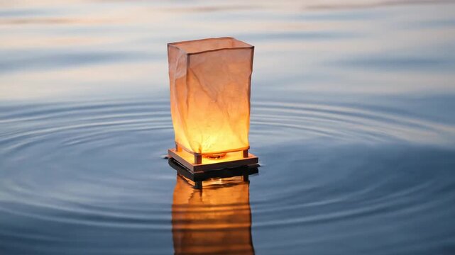 Glowing paper lantern floating on rippling water at dusk. Traditional illuminated floating lamp reflecting on the surface