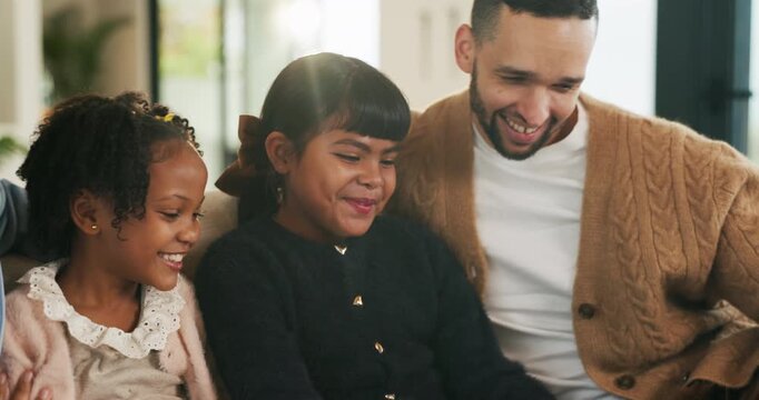 Love, smile and parents in family home with children for connection, bonding together and care. Kids, mother and father at living room for relax, happiness and hug for trust on weekend break on couch
