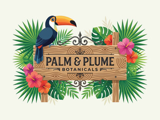 Fototapeta premium Tropical Botanical Garden Logo with Toucan, Wooden Sign, Palm Fronds, and Hibiscus Flowers