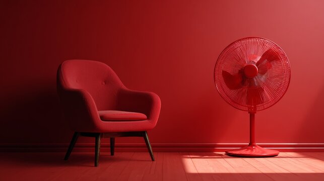 Red electric fan placed in stylish monochrome red interior with modern home decor and vibrant contemporary aesthetic