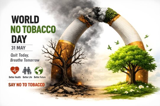 World no tobacco day awareness poster with cigarette arch transforming from dead tree to green tree