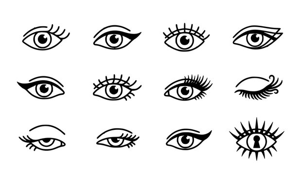 Minimal Female Eye Line Art Vector Icon Collection with Eyelashes
