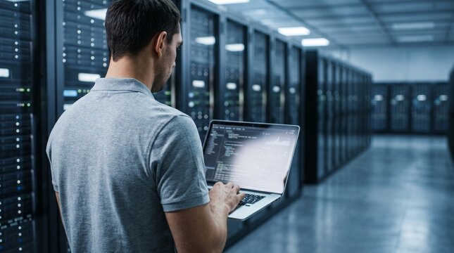IT specialist man coding on laptop in modern data center server room.
