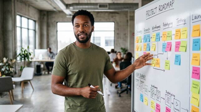 African American man presenting project roadmap to colleagues in modern office.