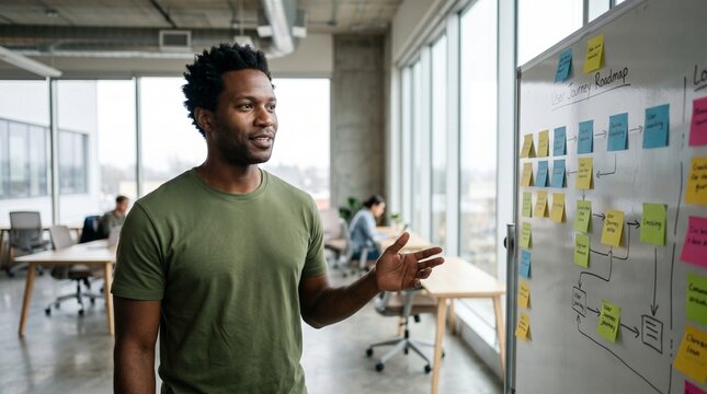 Black businessman presenting user journey roadmap on whiteboard in office.