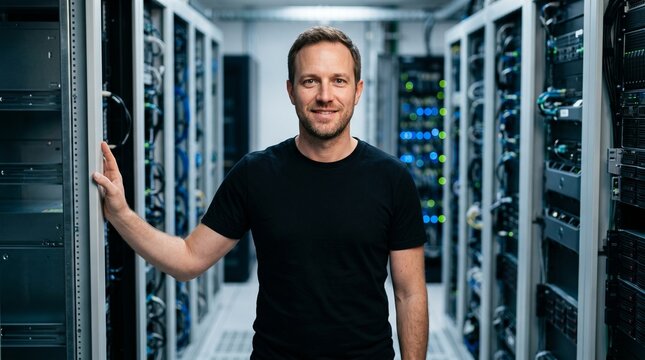 IT technician smiling while standing by server rack in data center.