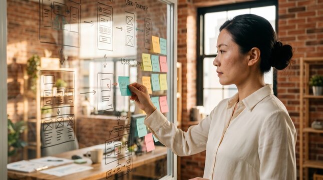 Asian female UI designer planning user journey on glass board in modern office.