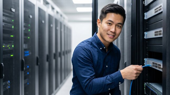 Asian IT professional plugging ethernet cable into server rack in modern data center.