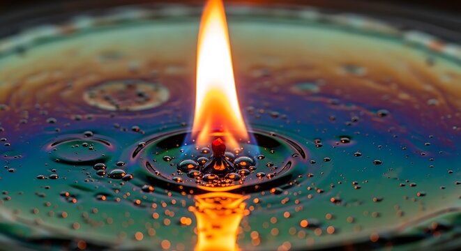 Bright candle flame burning on a reflective pool of iridescent oil