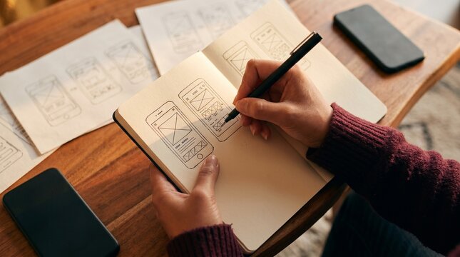 App designer sketching mobile UI wireframe prototypes in notebook at wooden desk.