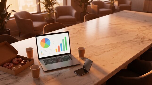 Laptop showing business charts on a marble conference table with donuts and coffee.