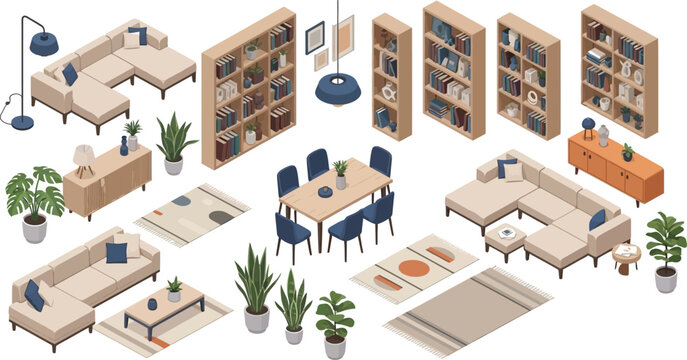 Isometric modern furniture set with sectional sofas dining table bookshelves and indoor plants for interior design visualization vector