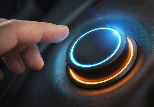 Man finger pushing a glowing blue and orange circular button on black plastic surface. Generative ai