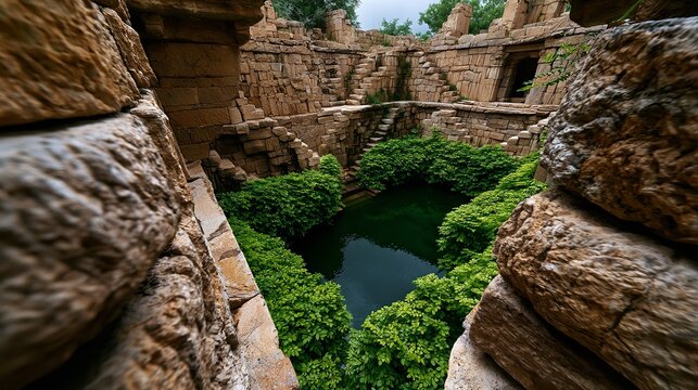 An ancient stone stepwell architecture descends into a deep dark pool of water surrounded by dense green vegetation within a weathered historical ruin site