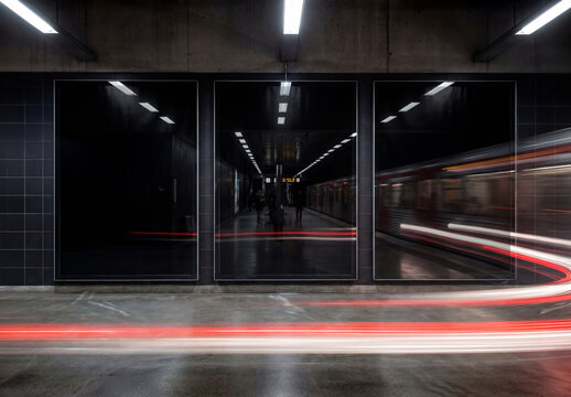 Three vertical billboards on dark subway wall Mockup. Generative ai